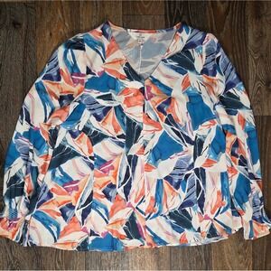 LaRoque Original Julia Top Blue Watercolor Abstract V-Neck Smocked Cuff Blouse M